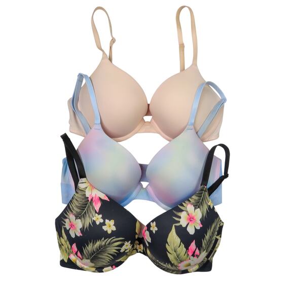 Victoria's Secret Other - 3 PINK Victoria's Secret Push Up Bras Hibiscus Blue Pink 32DD Wireless